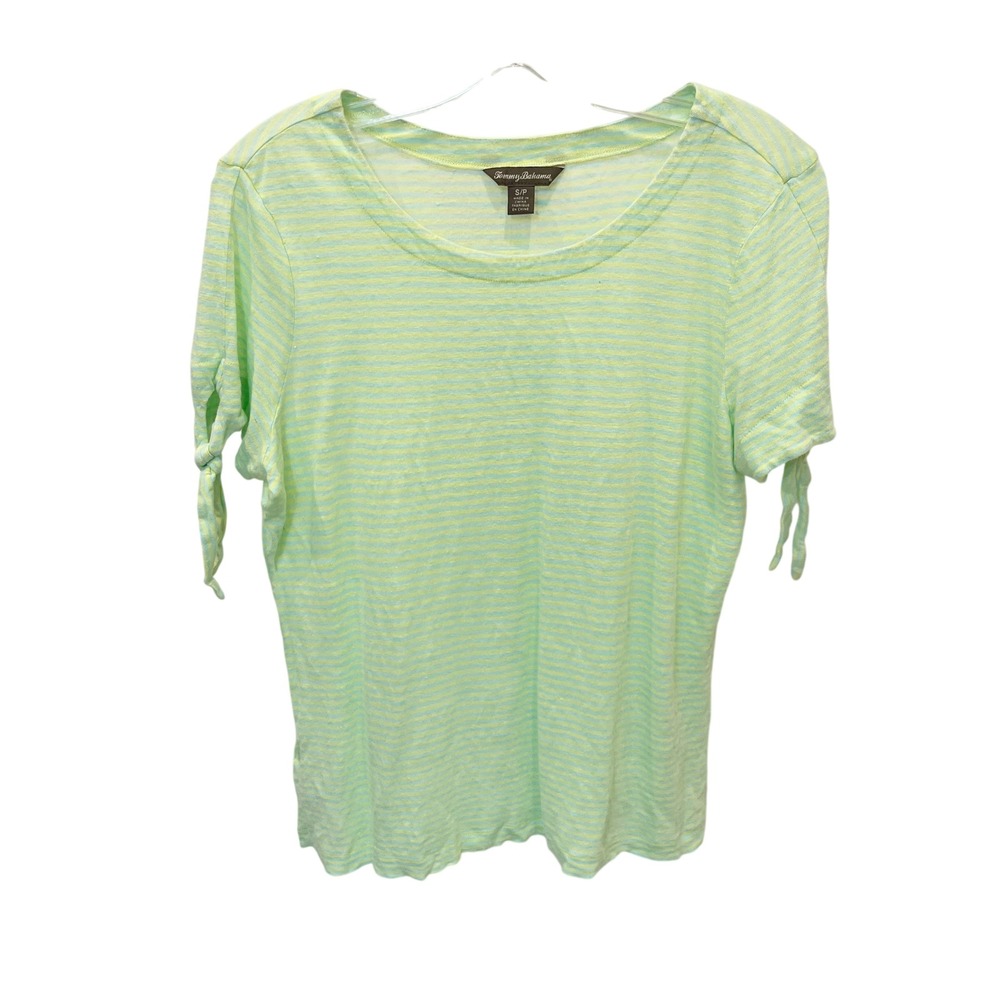 Tommy Bahama Green & Blue Linen Striped Short Sleeve Tie Detail Top Size Small